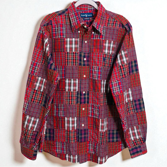 Ralph Lauren Y2K Men’s Custom Fit Patchwork Tartan Plaid Button Down‎ Size XL - Picture 2 of 7